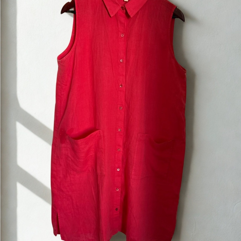 Eileen Fisher Vibrant Red Sleeveless Button-Down linen shirt dress